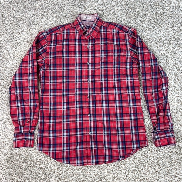 Bugatchi Shirt Mens Medium Red Plaid Shaped Fit Cotton Button Flip Cuff Dress