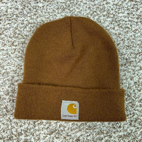 Carhartt Beanie Kids One Size Brown Youth Acrylic Knit Cuffed Hat Logo Outdoor