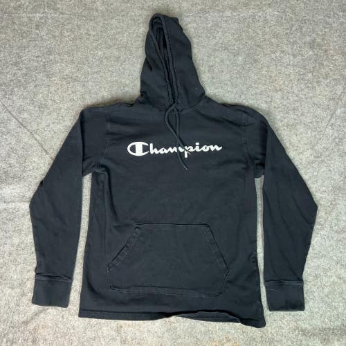 Champion Mens Shirt Medium Black White Hooded Spellout Casual Sport Top Tee T