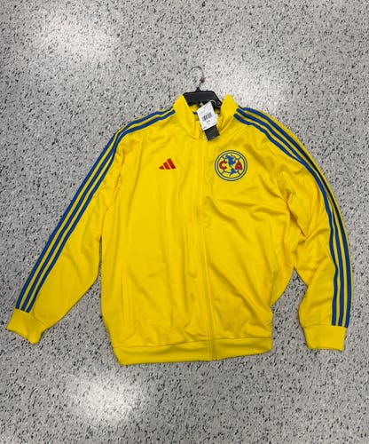 Adidas Club America yellow track jacket with blue stripes on sleeves