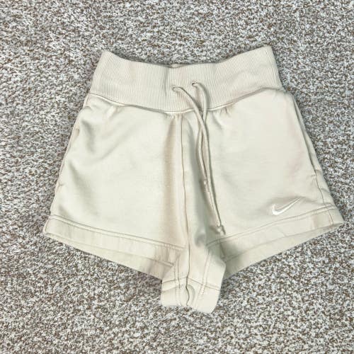 Nike Shorts Womens XS Beige Fleece Drawstring Pockets Casual Lounge Sweat Swoosh