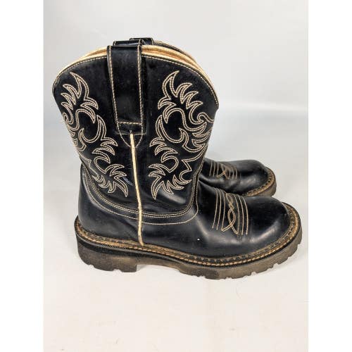 Ariat Fatbaby Black Leather Western Cowboy Boots Lug Sole Contrast Stitching 6