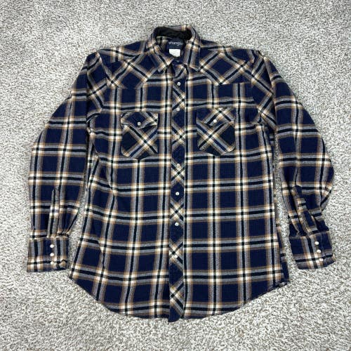 Wrangler Shirt Mens LT Blue Plaid Long Sleeve Pearl Snap Flannel Western Shacket