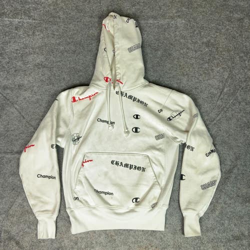 Champion Mens Hoodie Small White Reverse Weave Sweatshirt All Over Print Sweater