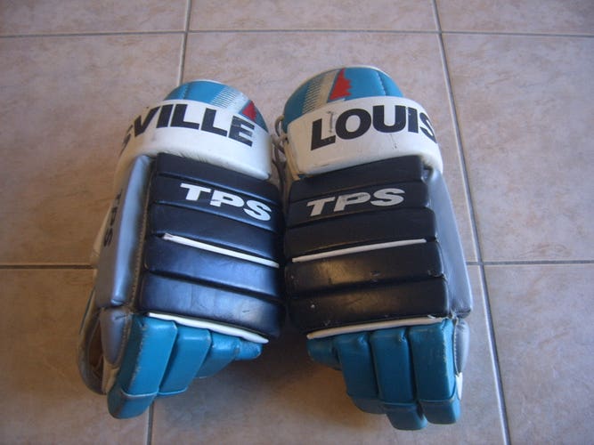 Vintage Louisville Men Senior Hockey Gloves White/Black/Teal Made in Canada 15"