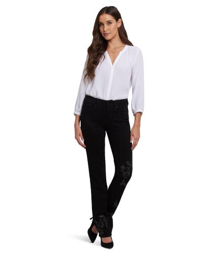 NYDJ Marilyn Straight Jeans Women's 4 Black Denim Embroidered High Rise GBO3807