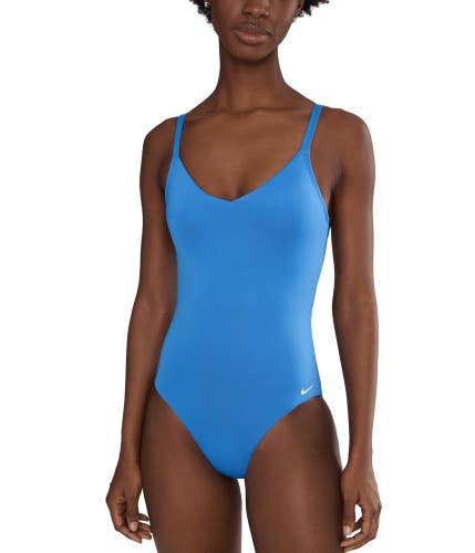 Nike Swim Effortless Essential Swimsuits Women's L Blue V-Neck One Piece GBO3680