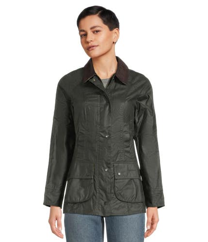 Barbour Beadnell Wax Jacket Women's 4 Sage Tartan Plaid Lined Cotton GBO3742