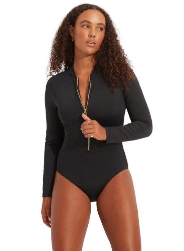 Seafolly Collective Swimsuits Womens 8 Black Stretch Zip Front One Piece GBO3752
