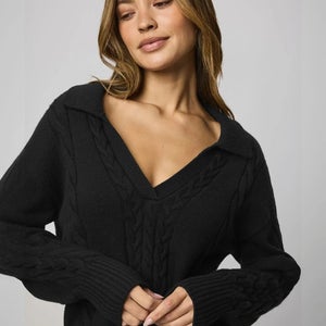Splendid Jet Set Polo Sweater Women's S Black Cable Knit V Neck Pullover GBO3771