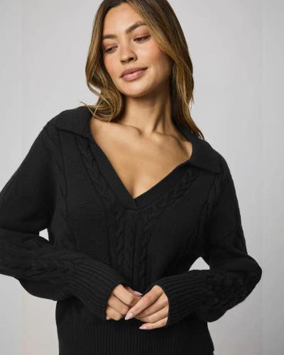Splendid Jet Set Polo Sweater Women's S Black Cable Knit V Neck Pullover GBO3771