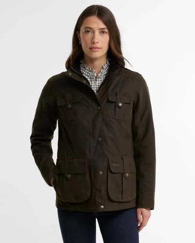 Barbour Classic Defence Waxed Jacket Womens 12 Olive Tartan Lined Cotton GBO3744