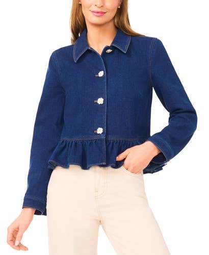 CeCe Jacket Women's Medium Indigo Blue Denim Stretch Peplum Long Sleeve FROG865