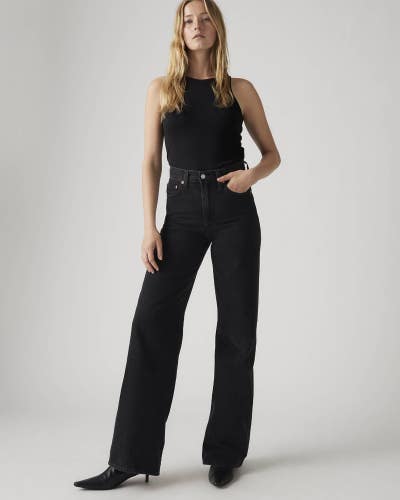 Levi's Ribcage Jeans Women's 24 Black Denim High Rise Wide Leg Zip Fly FROG852