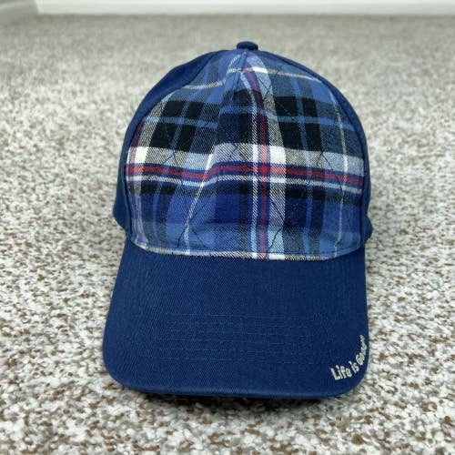 Life is Good Hat Cap Strap Back Mens Blue Plaid Cotton Dad Baseball Embroidered