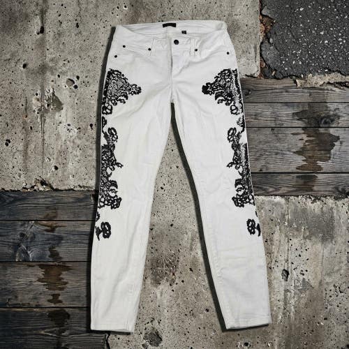 Vtg Bebe White Skinny Jeans Damask Lace Print 29 Y2K Archive Indie Sleaze Grunge
