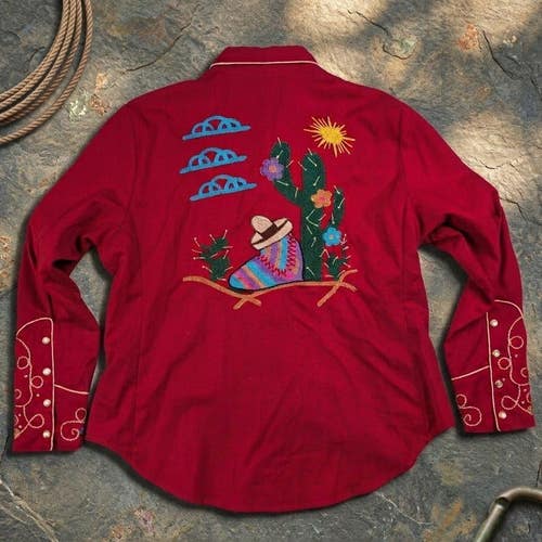 Scully Western Pearl Snap Shirt L Red Embroidered Cactus Coastal Cowgirl Rodeo