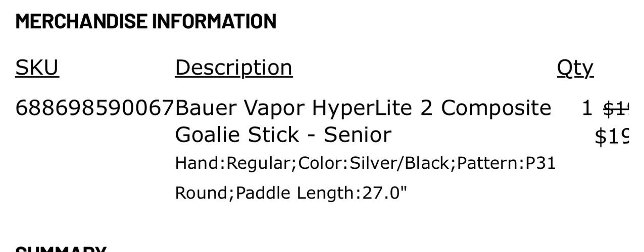 Senior Bauer Vapor Hyperlite Regular Goalie Stick 27" Paddle (Used)