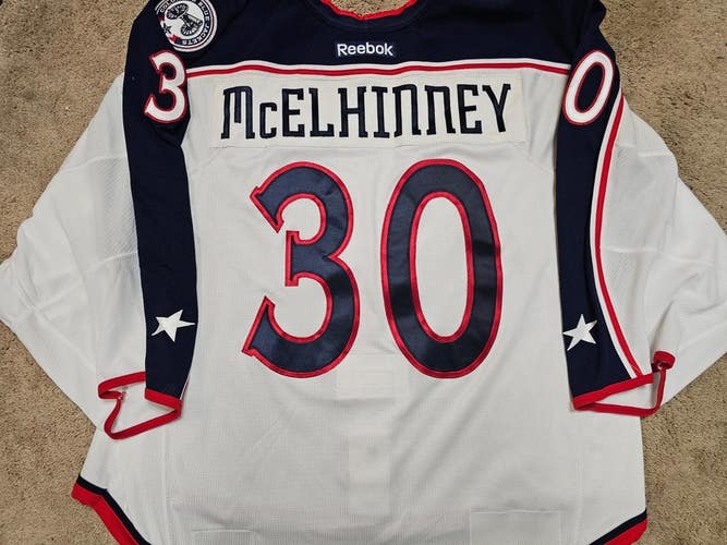 CURTIS MCELHINNEY 15'16 Columbus Blue Jackets Photomatched Game Worn Jersey