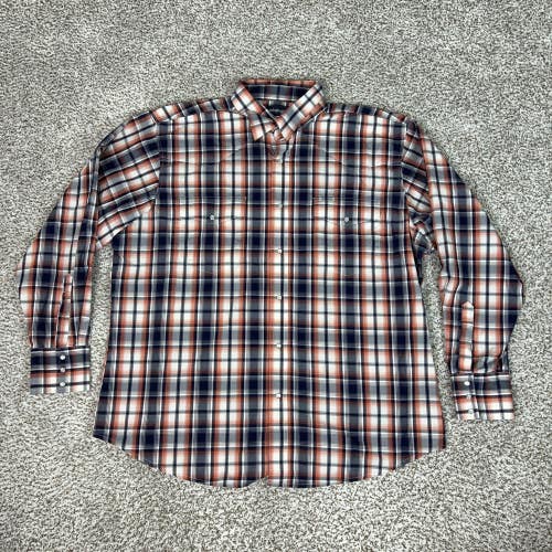 Wrangler Shirt Mens 2XL Blue Orange Plaid Long Sleeve Pearl Snap Western Cotton