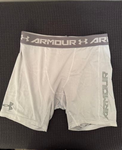 White UA compression shorts. Used size L