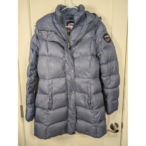 Pajar Canada Power Heat Down Puffer Coat Blue Gray Hooded Parka Jacket Womens M