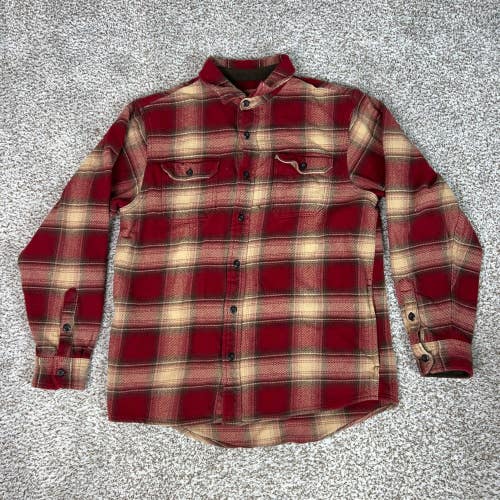 Orvis Shirt Mens L Red Tan Plaid Flannel Heavy Cotton Shacket Outdoor Hiking Top