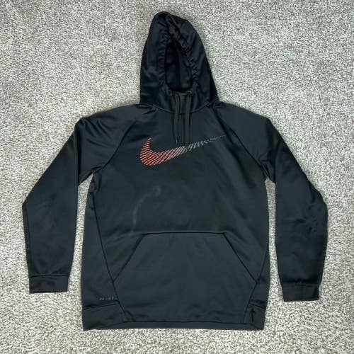 Nike Hoodie Mens Large Black Dri FIT Swoosh Graphic Pullover Training Sweatshirt