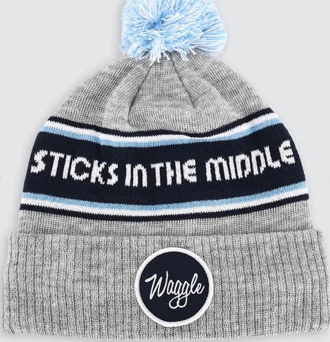 Waggle "Sticks in the Middle" Fleece Lined Pom Knit Beanie Hat Grey/Navy OSFM