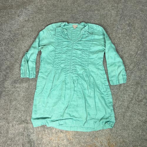 J Jill Womens Tunic Medium Blue Green Linen Shirt Flowy Coastal Boho Lagenlook