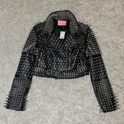 Azalea Wang Women's Lucifer Studded Spiked Belted Faux Leather Jacket Sz S - NWT