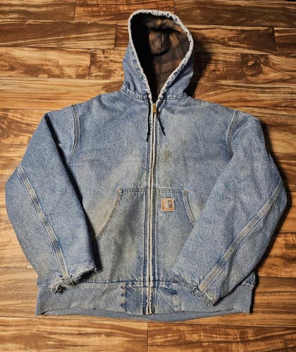 Vintage Carhartt J08 DST Denim Blanket Lined Hooded Faded Vtg Jacket Sz L/XL