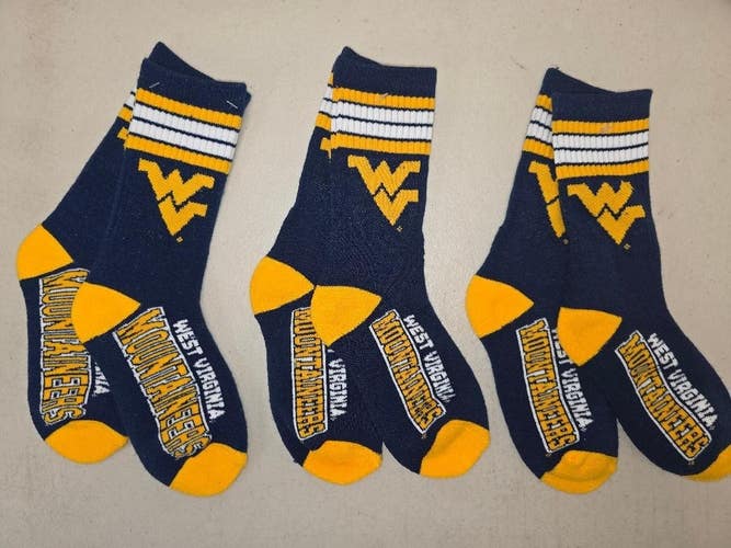 ST18 YOUTH NCAA WEST VIRGINIA MOUNTIANEERS Crew Socks Lot of 3 Pair New