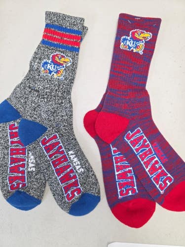 ST4 Mens NCAA KANSAS JAYHAWKS Crew Socks Lot of 2 Pair LARGE New
