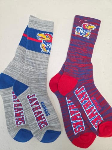 ST6 Mens NCAA KANSAS JAYHAWKS Crew Socks Lot of 2 Pair LARGE New