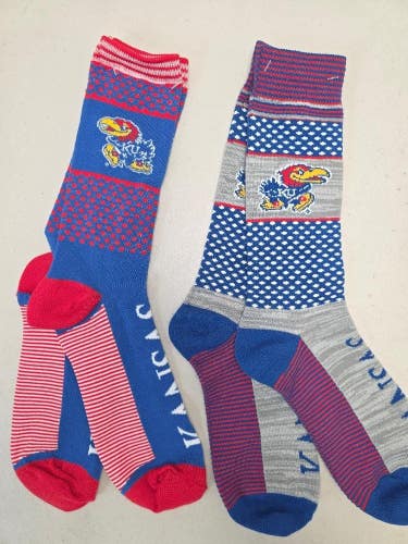ST8 Mens NCAA KANSAS JAYHAWKS Crew Socks Lot of 2 Pair LARGE New