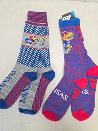ST11 Mens NCAA KANSAS JAYHAWKS Crew Socks Lot of 2 Pair LARGE New