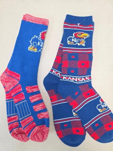 ST13 Mens NCAA KANSAS JAYHAWKS Crew Socks Lot of 2 Pair LARGE New