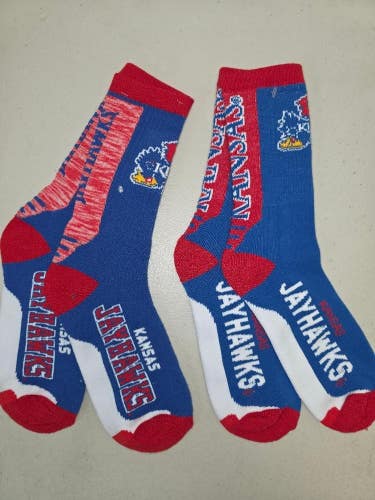 ST14 Mens NCAA KANSAS JAYHAWKS Crew Socks Lot of 2 Pair LARGE New