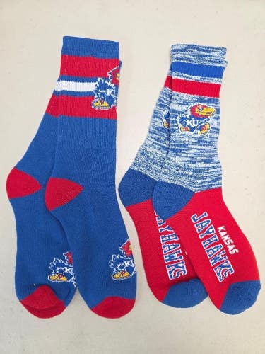 ST16 Mens NCAA KANSAS JAYHAWKS Crew Socks Lot of 2 Pair LARGE New