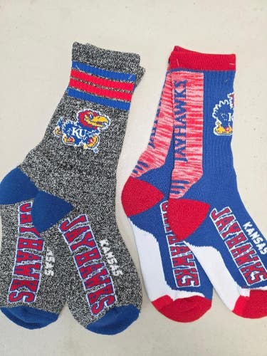 ST18 Mens NCAA KANSAS JAYHAWKS Crew Socks Lot of 2 Pair MEDIUM New
