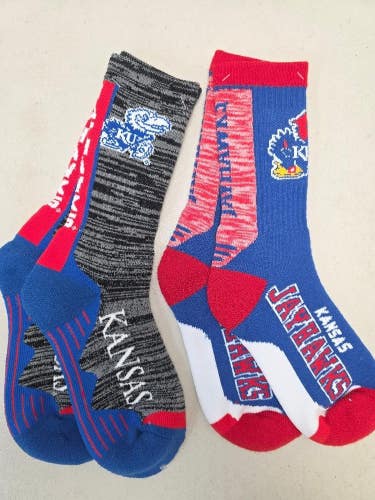 ST26 Mens NCAA KANSAS JAYHAWKS Crew Socks Lot of 2 Pair MEDIUM New