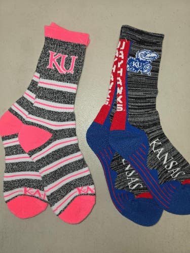 ST27 Mens NCAA KANSAS JAYHAWKS Crew Socks Lot of 2 Pair MEDIUM New