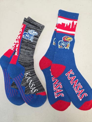 ST17 Mens NCAA KANSAS JAYHAWKS Crew Socks Lot of 2 Pair LARGE New