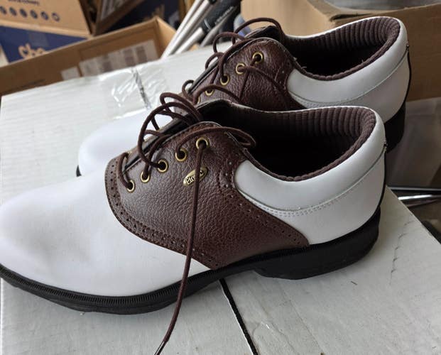 NWOT ETONIC SOFTSPIKE LITE 100 GOLF SHOES SIZE 8.5W BROWN & WHITE fls