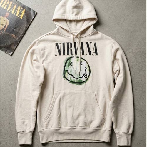 Nirvana Men's S Graphic Hoodie Cream Green Wash Grunge Y2K Skater Alt Indie