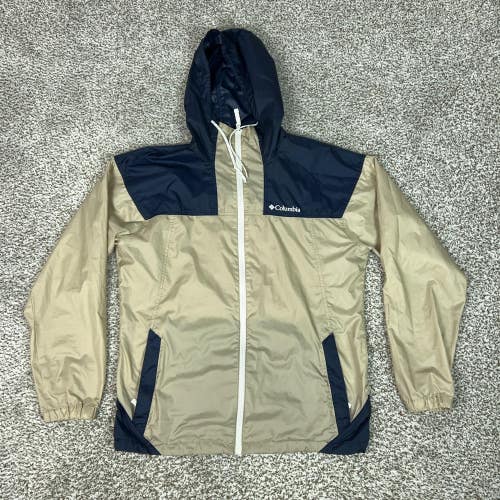Columbia Jacket Mens Medium Beige Navy Hooded Windbreaker Full Zip Lightweight