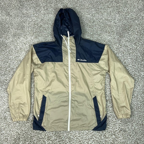 Columbia Jacket Mens Medium Beige Navy Hooded Windbreaker Full Zip Lightweight