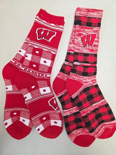 ST19 Mens NCAA WISCONSIN BADGERS Crew Socks Lot of 2 Pair LARGE New