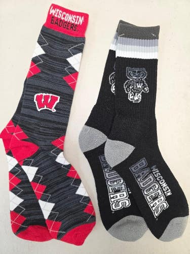 ST33 Mens NCAA WISCONSIN BADGERS Crew Socks Lot of 2 Pair LARGE New